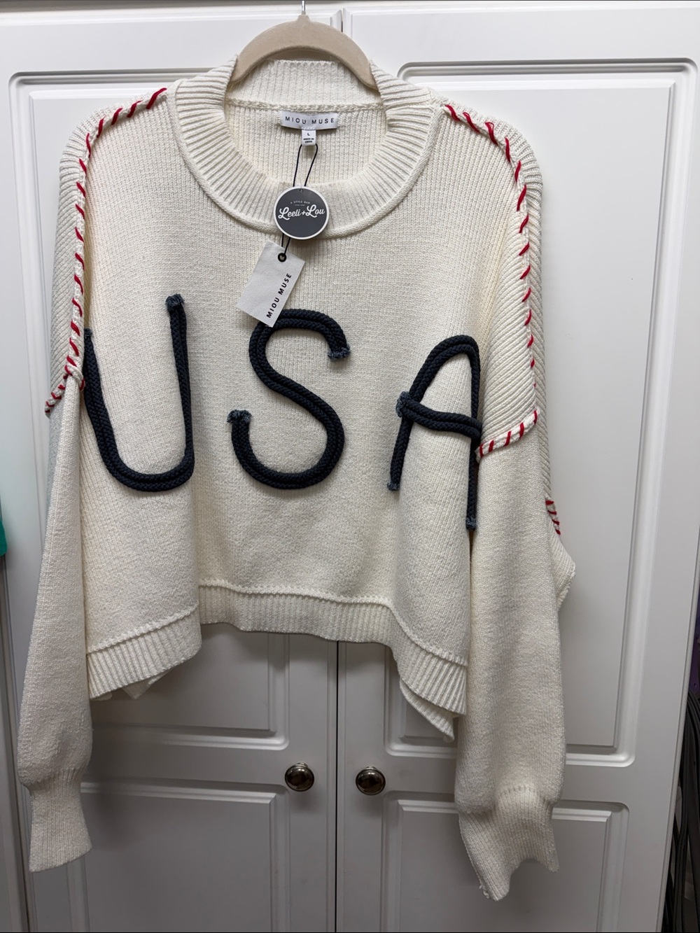 Wildfang Cream Crewneck Sweater with Navy Rope 'USA' and Red Stitching